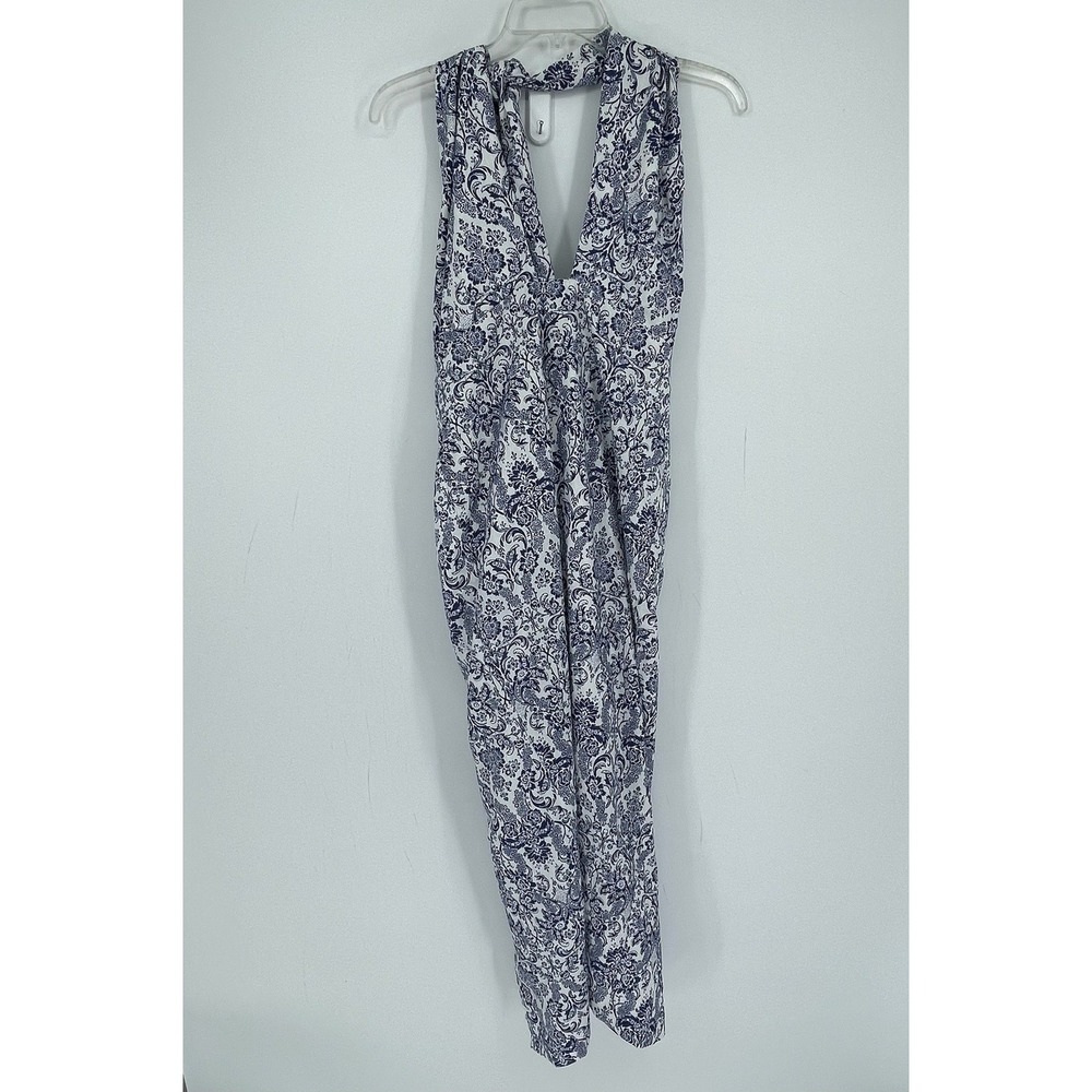 VICI Women's Blue Floral Damask Linen Blend Halter Neck Wide Leg Jumpsuit Size L